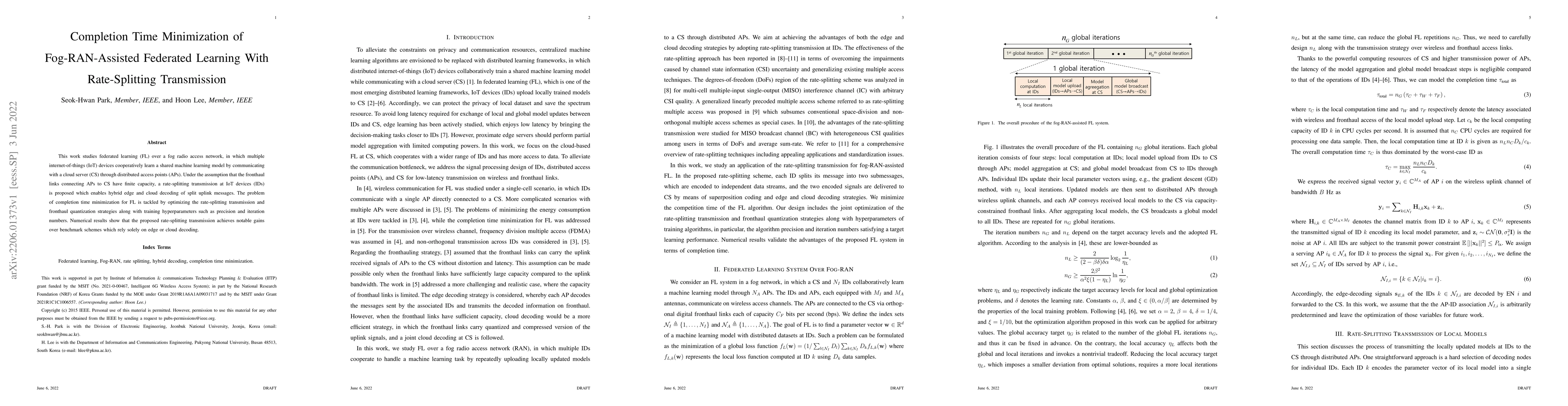 Thumbnail for Completion Time Minimization of Fog-RAN-Assisted Federated Learning With
  Rate-Splitting Transmission
