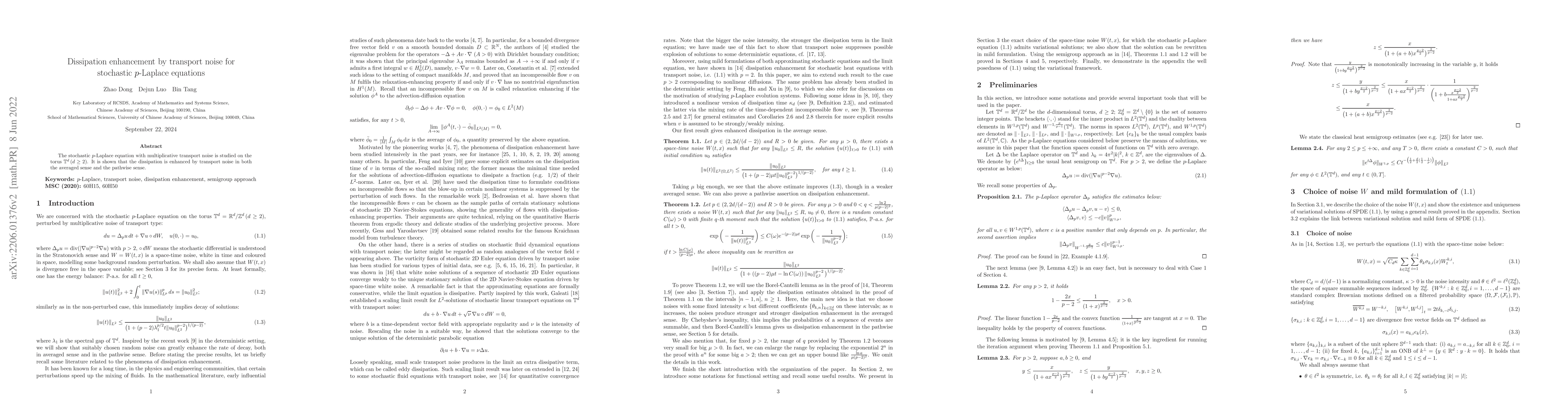 Thumbnail for Dissipation enhancement by transport noise for stochastic $p$-Laplace
  equations