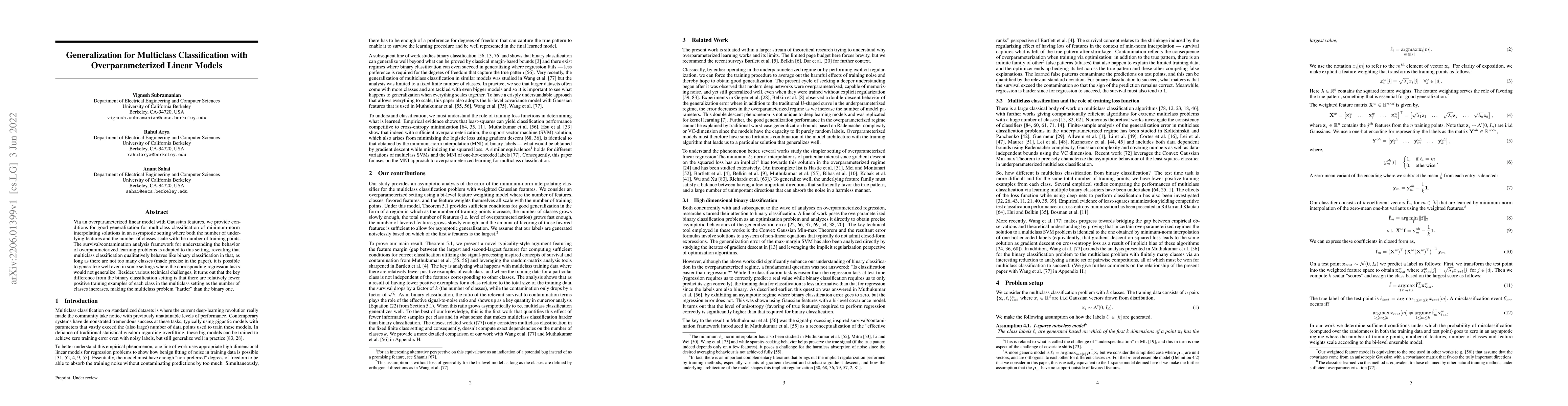 Thumbnail for Generalization for multiclass classification with overparameterized
  linear models