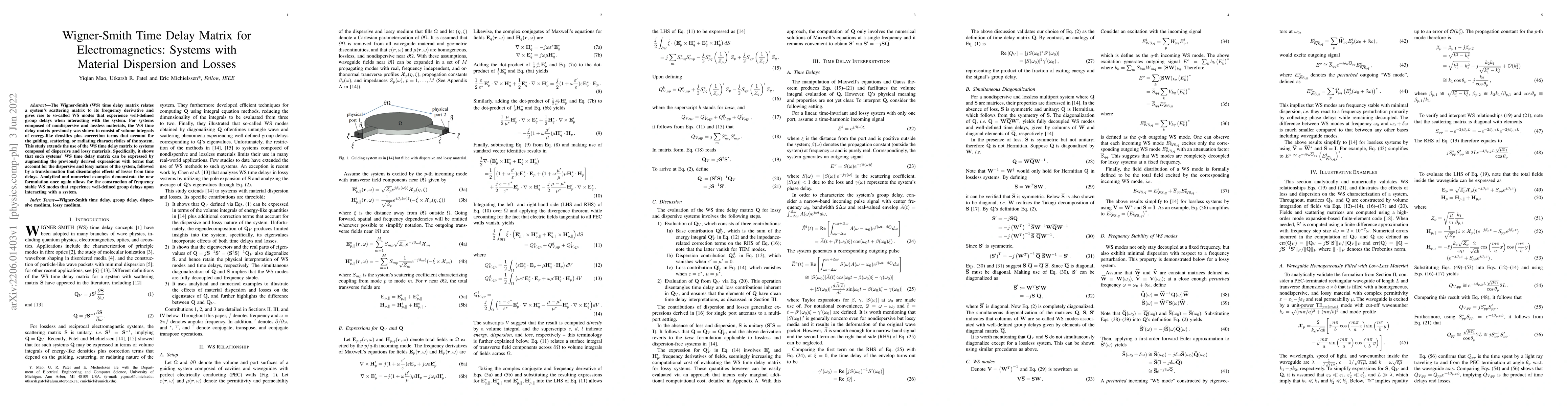 Thumbnail for Wigner-Smith Time Delay Matrix for Electromagnetics: Systems with
  Material Dispersion and Losses