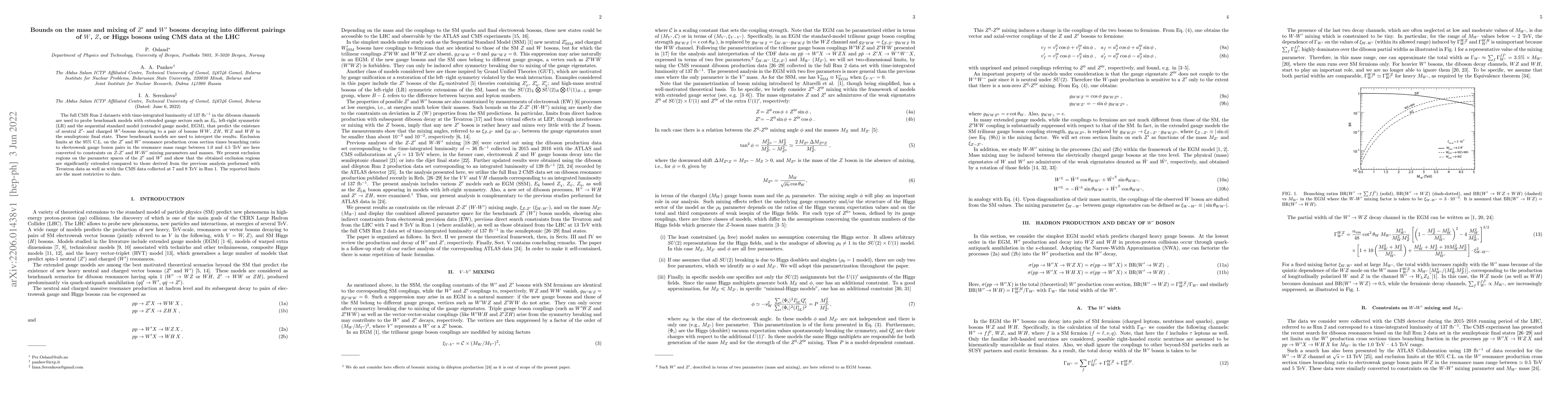 Thumbnail for Bounds on the mass and mixing of $Z^\prime$ and $W^\prime$ bosons
  decaying into different pairings of $W$, $Z$, or Higgs bosons using CMS data
  at the LHC
