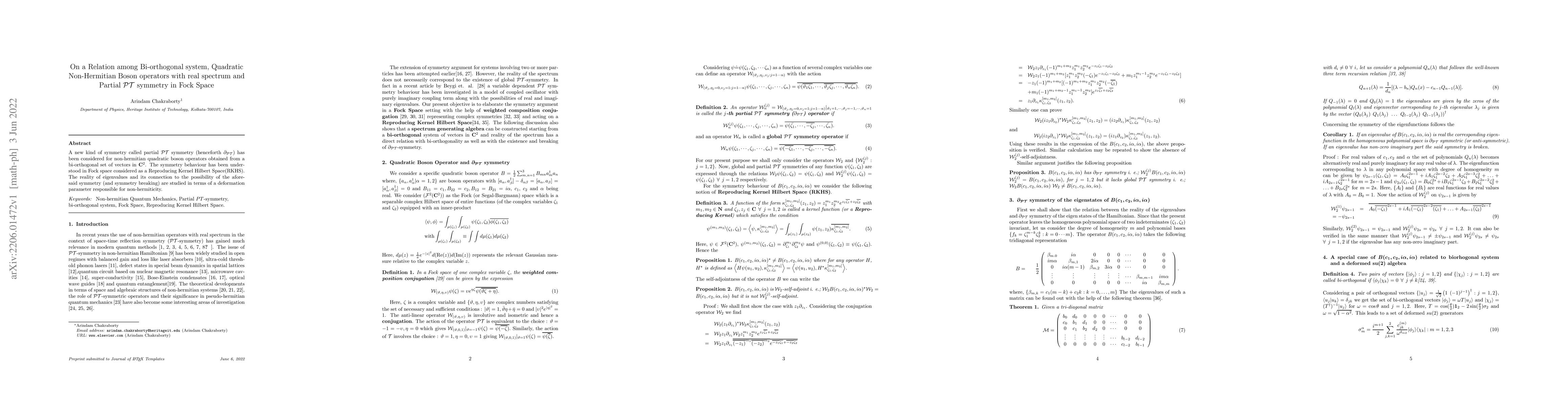 Thumbnail for On a Relation among Bi-orthogonal system, Quadratic Non-Hermitian Boson
  operators with real spectrum and Partial PT symmetry in Fock Space