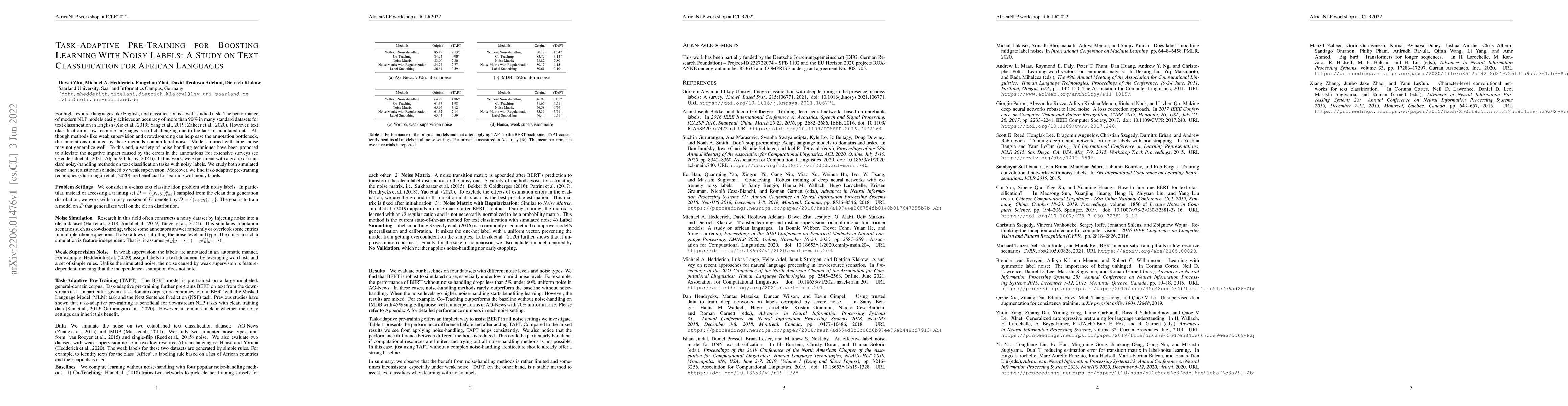Thumbnail for Task-Adaptive Pre-Training for Boosting Learning With Noisy Labels: A
  Study on Text Classification for African Languages