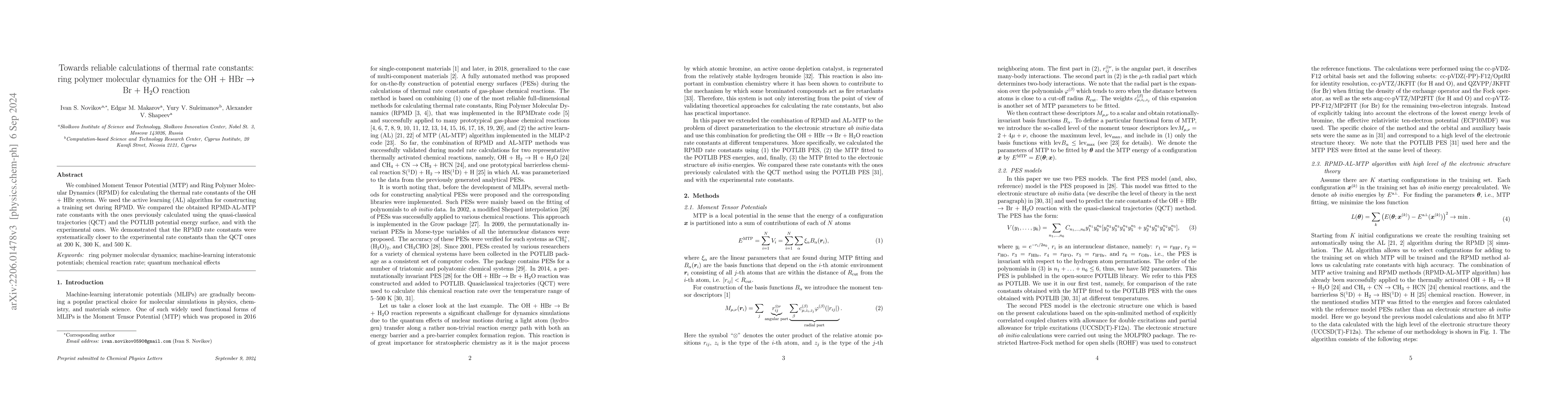 Thumbnail for Towards reliable calculations of thermal rate constants: ring polymer
  molecular dynamics for the OH + HBr $\to$ Br + H$_2$O reaction