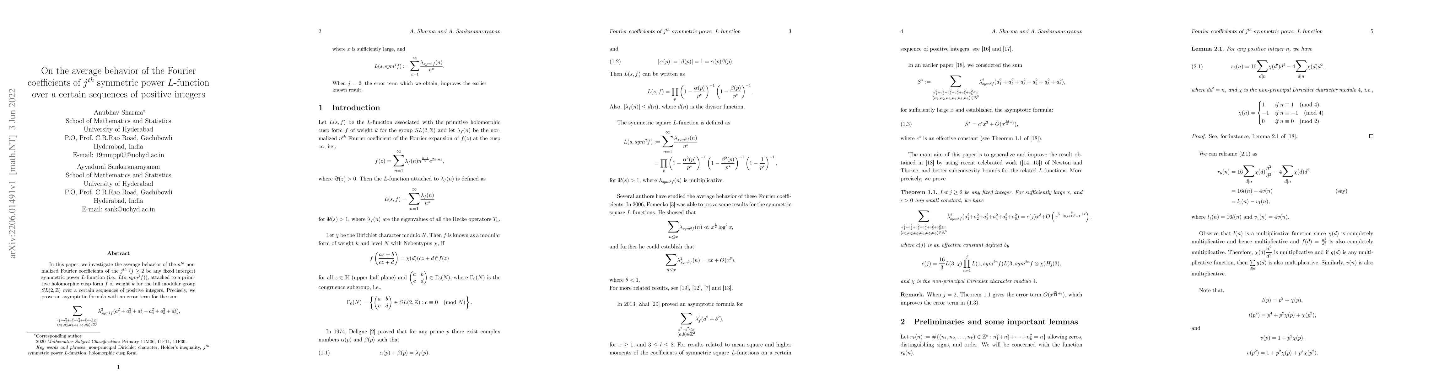 Thumbnail for On the average behavior of the Fourier coefficients of $j^{th}$
  symmetric power $L$-function over a certain sequences of positive integers