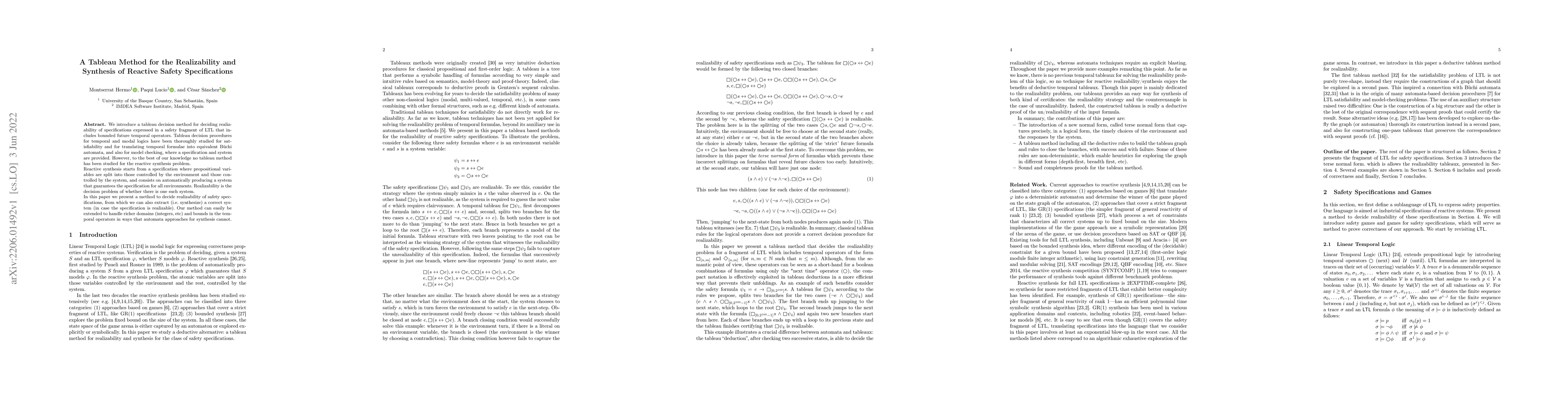 Thumbnail for A Tableau Method for the Realizability and Synthesis of Reactive Safety
  Specifications