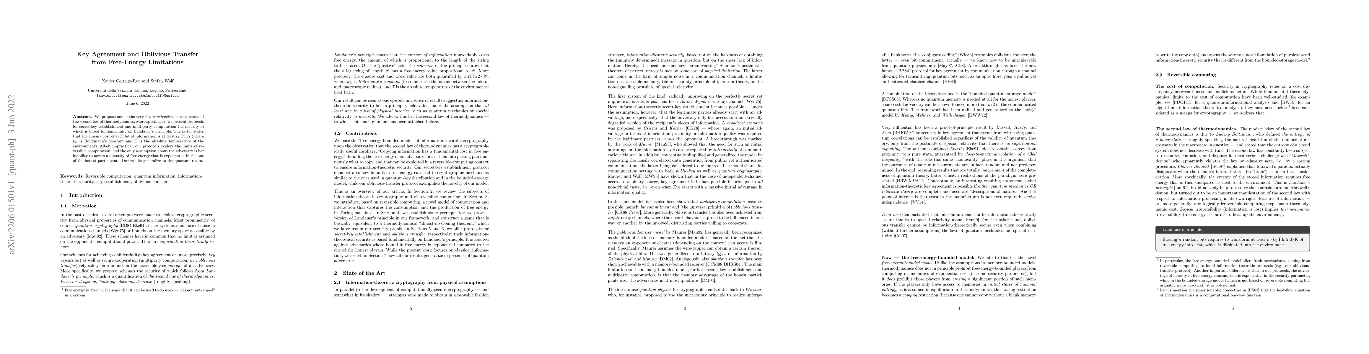 Thumbnail for Key Agreement and Oblivious Transfer from Free-Energy Limitations
