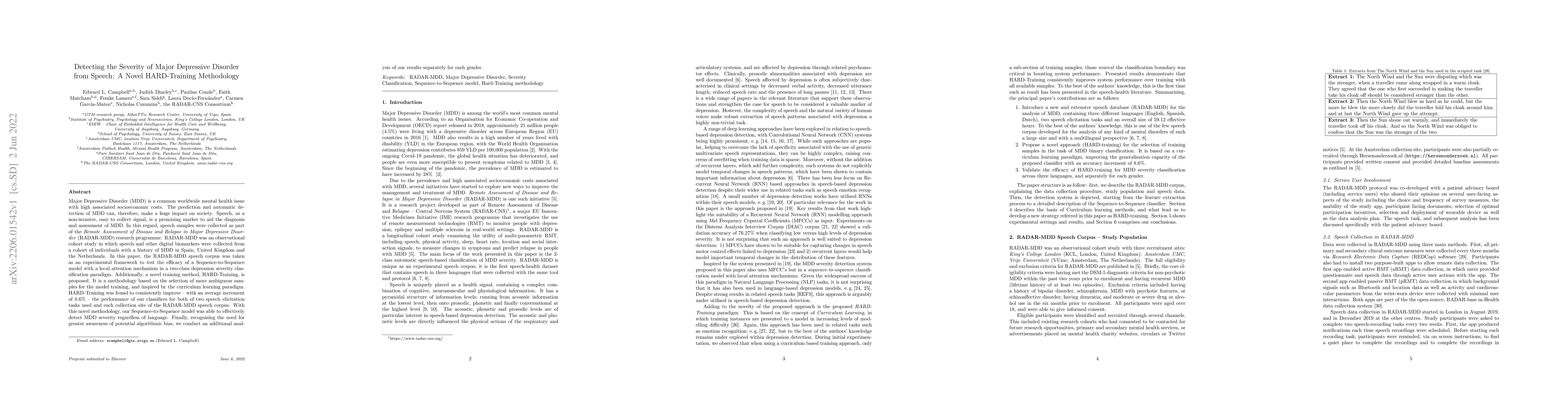 Thumbnail for Detecting the Severity of Major Depressive Disorder from Speech: A Novel
  HARD-Training Methodology