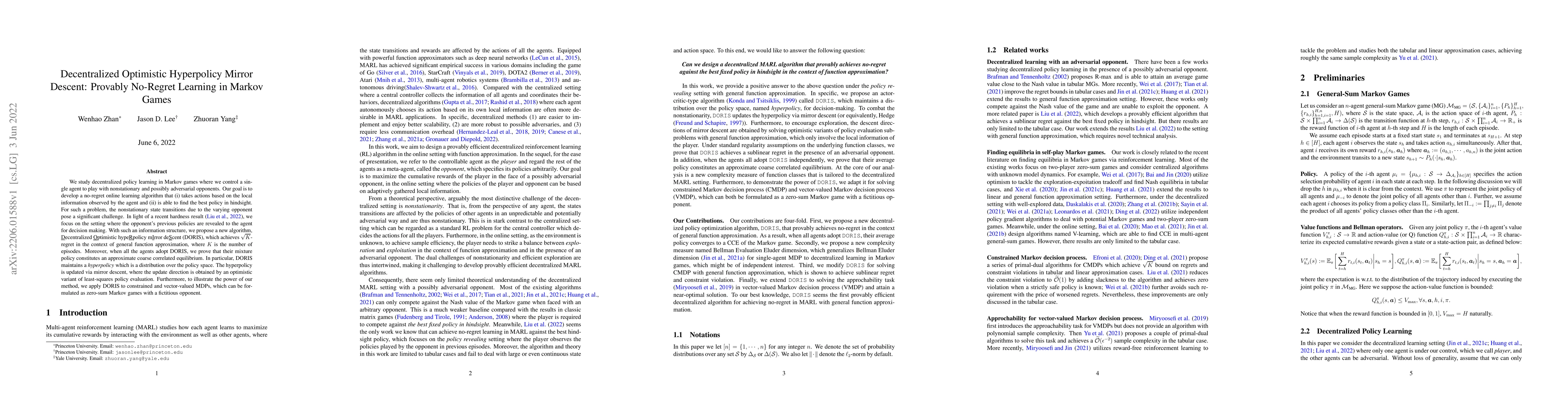 Thumbnail for Decentralized Optimistic Hyperpolicy Mirror Descent: Provably No-Regret
  Learning in Markov Games