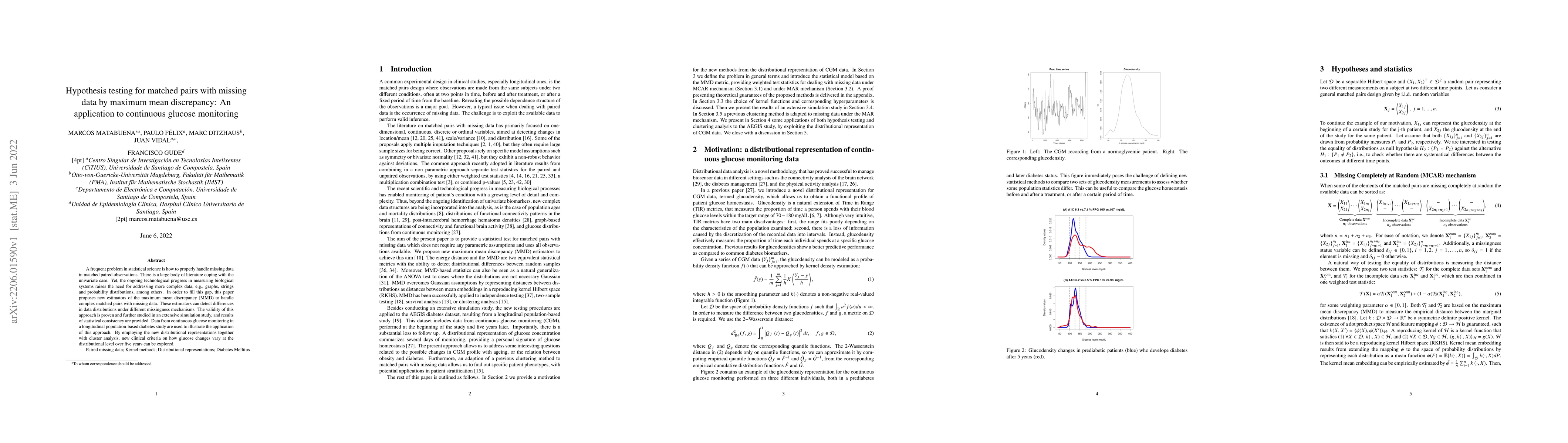 Thumbnail for Hypothesis testing for matched pairs with missing data by maximum mean
  discrepancy: An application to continuous glucose monitoring
