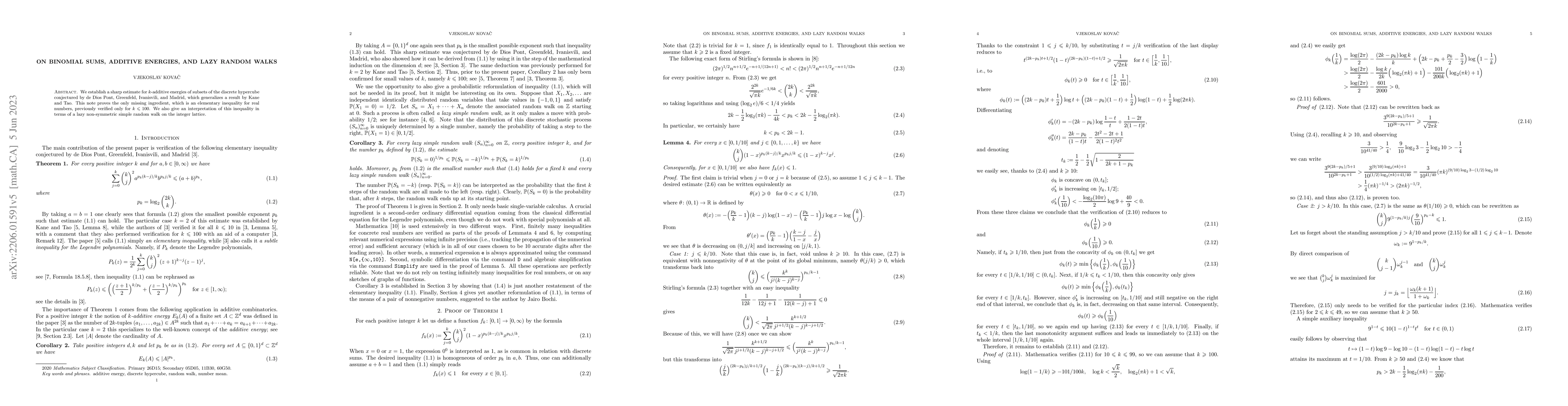 Thumbnail for On binomial sums, additive energies, and lazy random walks