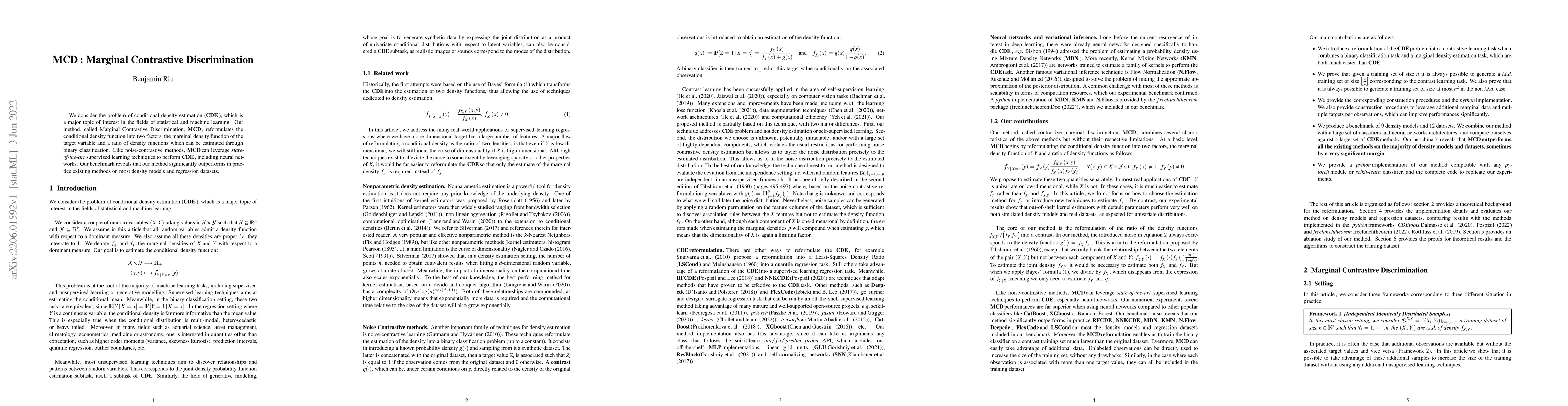 Thumbnail for MCD: Marginal Contrastive Discrimination for conditional density
  estimation