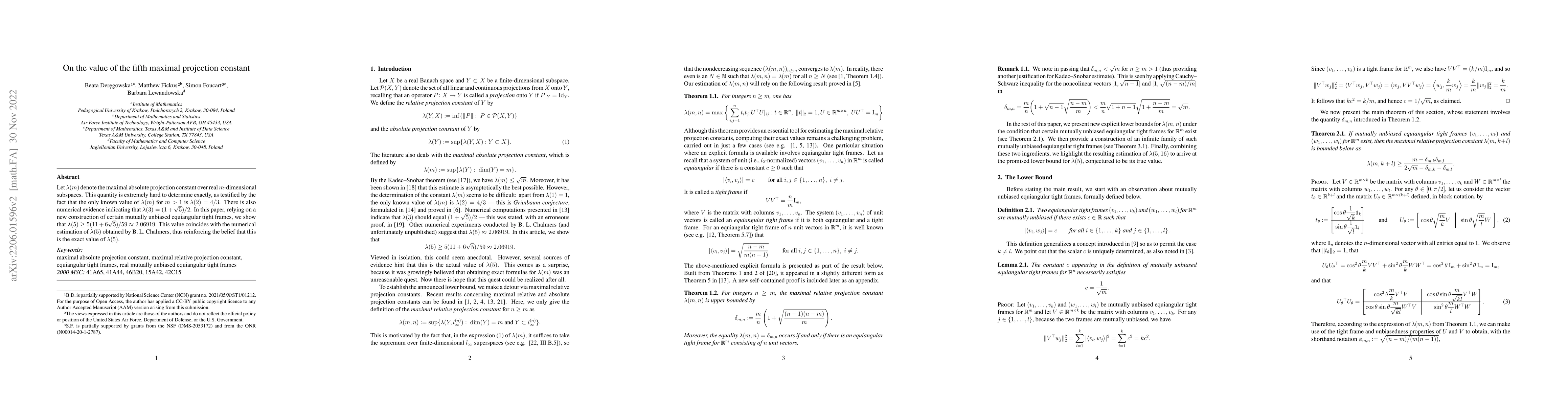 Thumbnail for On the value of the fifth maximal projection constant