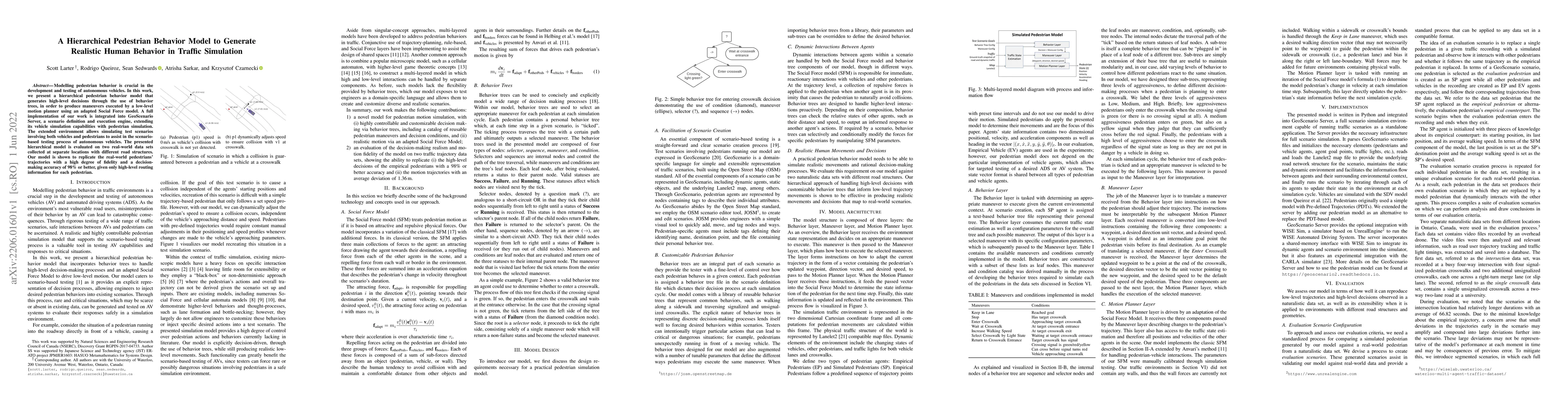 Thumbnail for A Hierarchical Pedestrian Behavior Model to Generate Realistic Human
  Behavior in Traffic Simulation