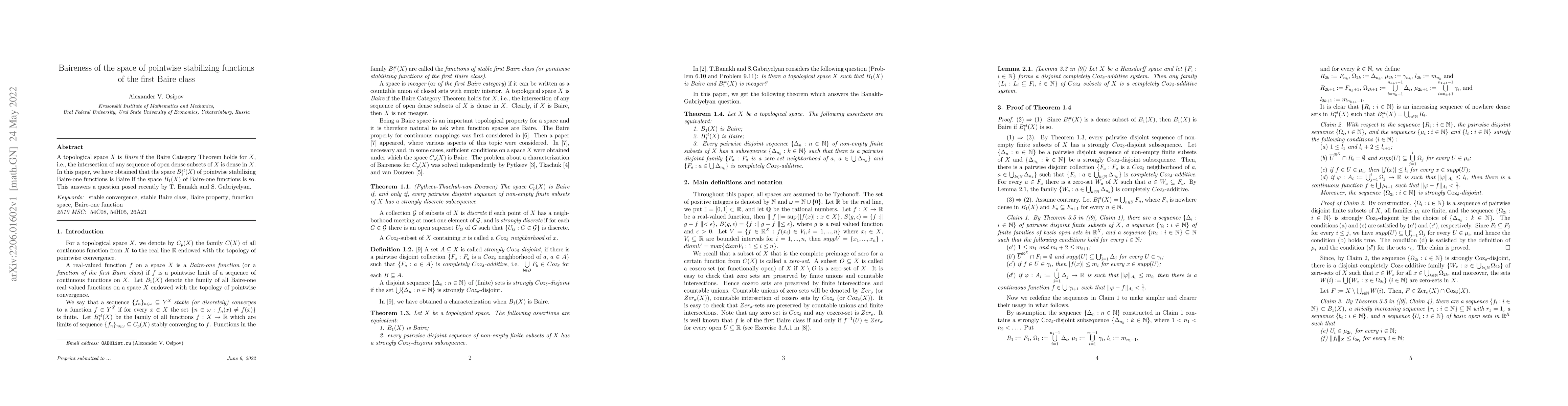 Thumbnail for Baireness of the space of pointwise stabilizing functions of the first
  Baire class