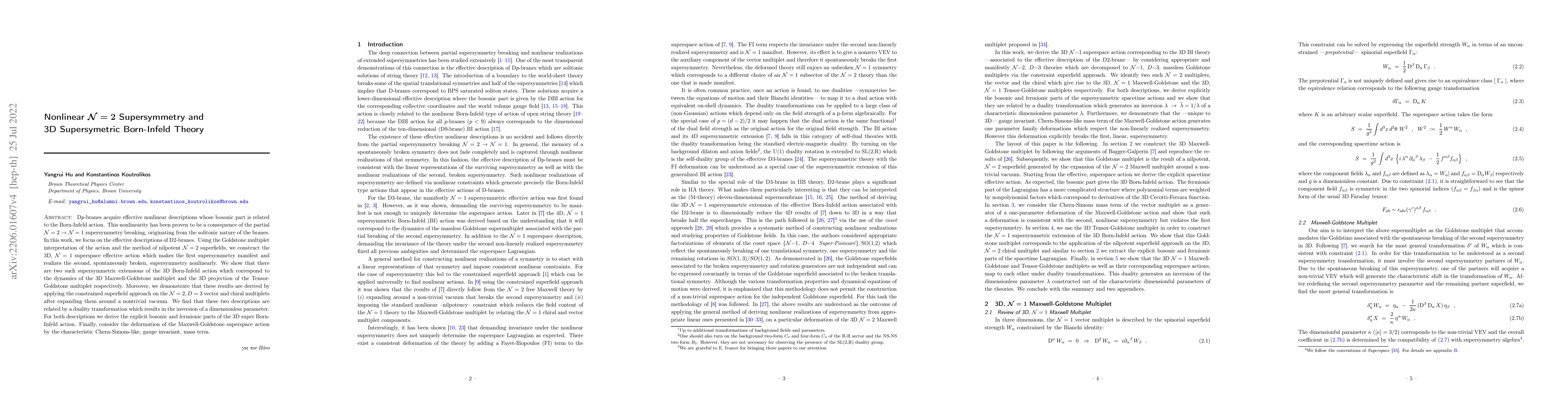 Thumbnail for Nonlinear ${\cal N}=2$ Supersymmetry and 3D Supersymmetric Born-Infeld
  Theory