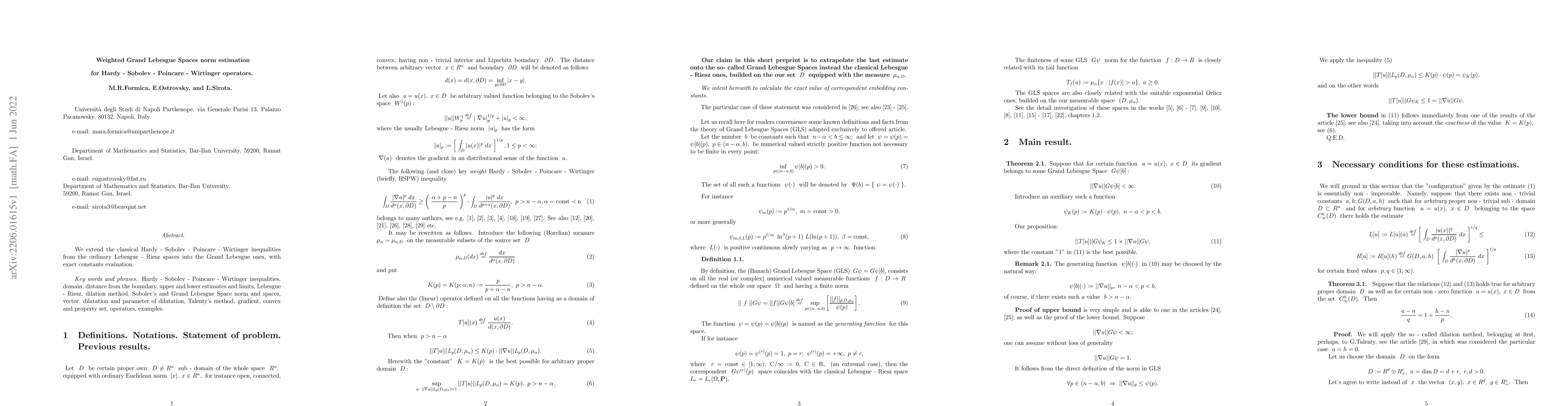 Thumbnail for Weighted Grand Lebesgue Spaces norm estimation for
  Hardy-Sobolev-Poincare-Wirtinger operators