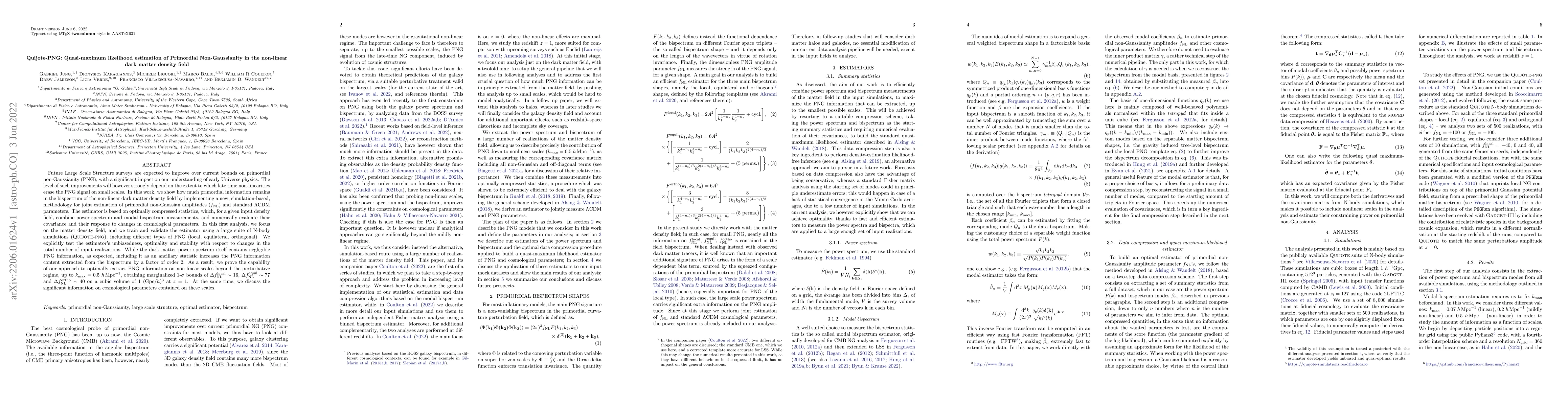 Thumbnail for Quijote-PNG: Quasi-maximum likelihood estimation of Primordial
  Non-Gaussianity in the non-linear dark matter density field