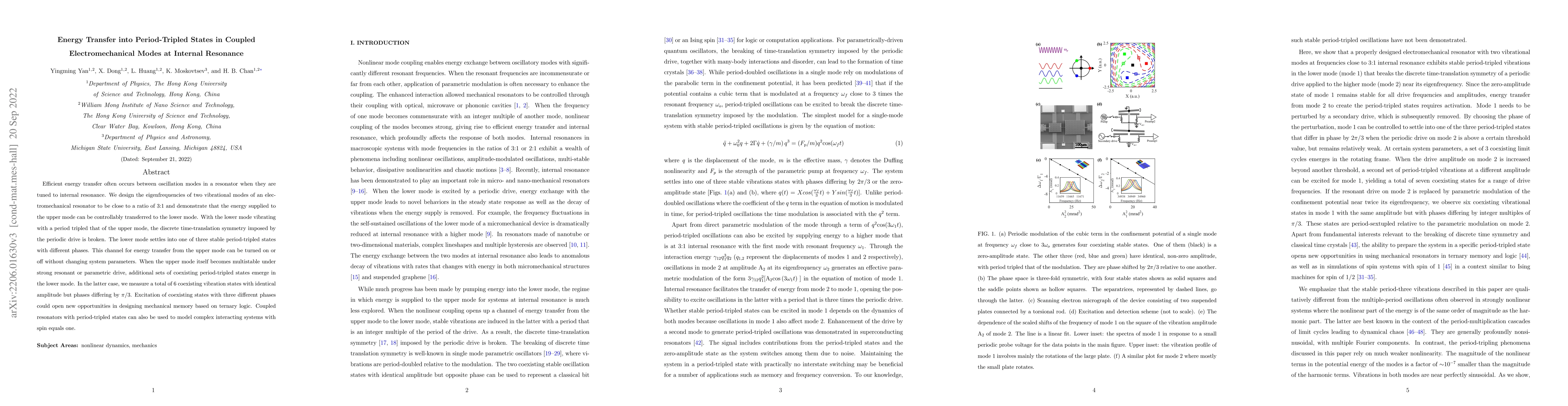Thumbnail for Energy Transfer into Period-Tripled States in Coupled Electromechanical
  Modes at Internal Resonance