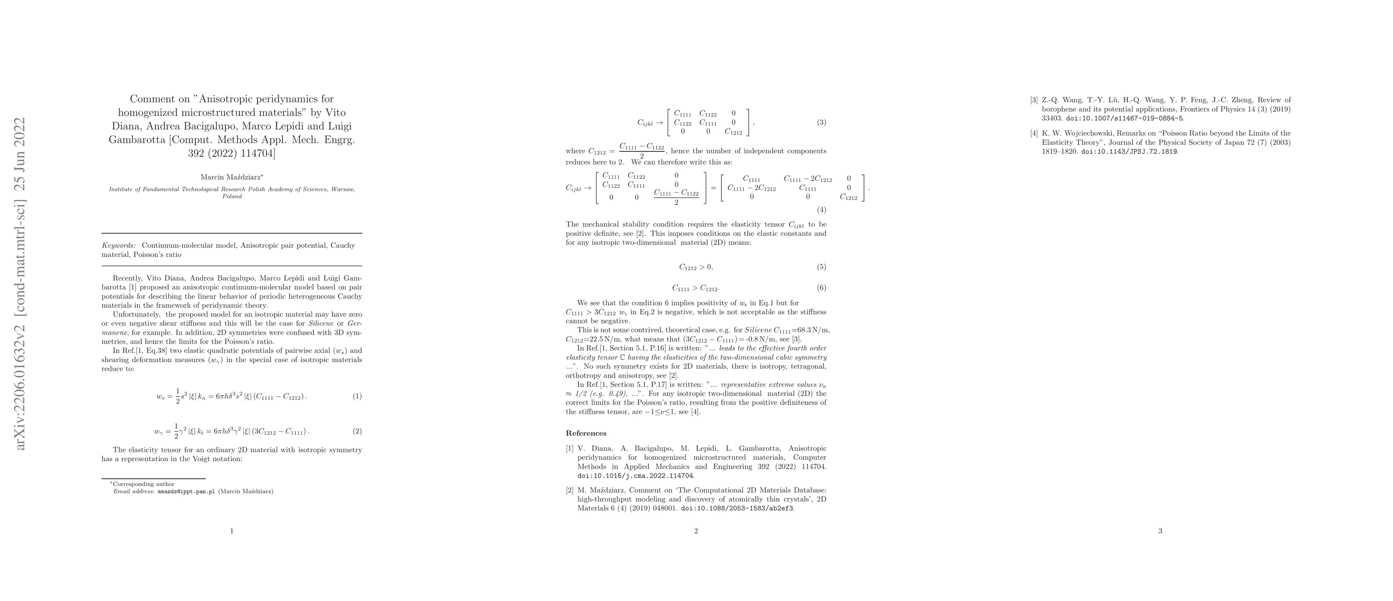 Thumbnail for Comment on "Anisotropic peridynamics for homogenized microstructured
  materials" by Vito Diana, Andrea Bacigalupo, Marco Lepidi and Luigi
  Gambarotta [Comput. Methods Appl. Mech. Engrg. 392 (2022) 114704]