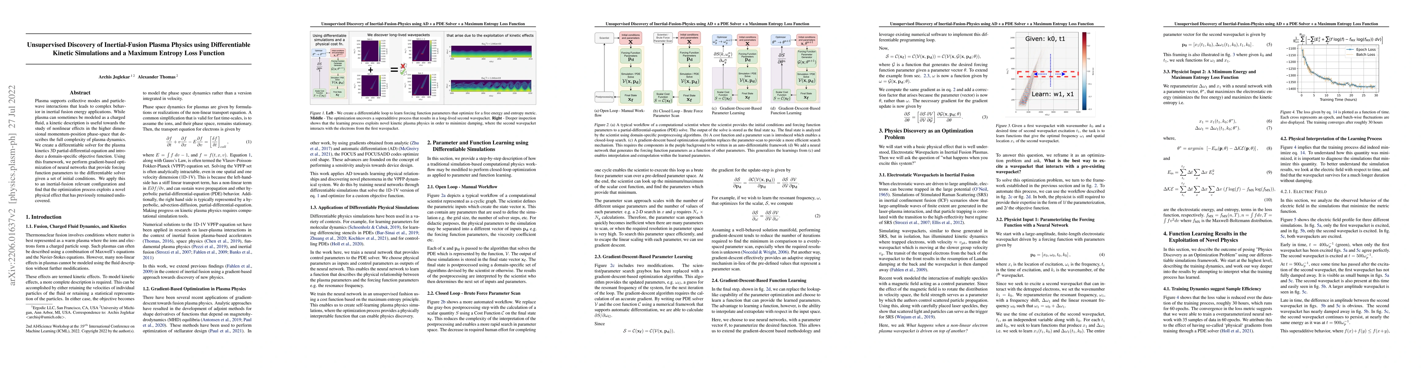 Thumbnail for Unsupervised Discovery of Inertial-Fusion Plasma Physics using
  Differentiable Kinetic Simulations and a Maximum Entropy Loss Function