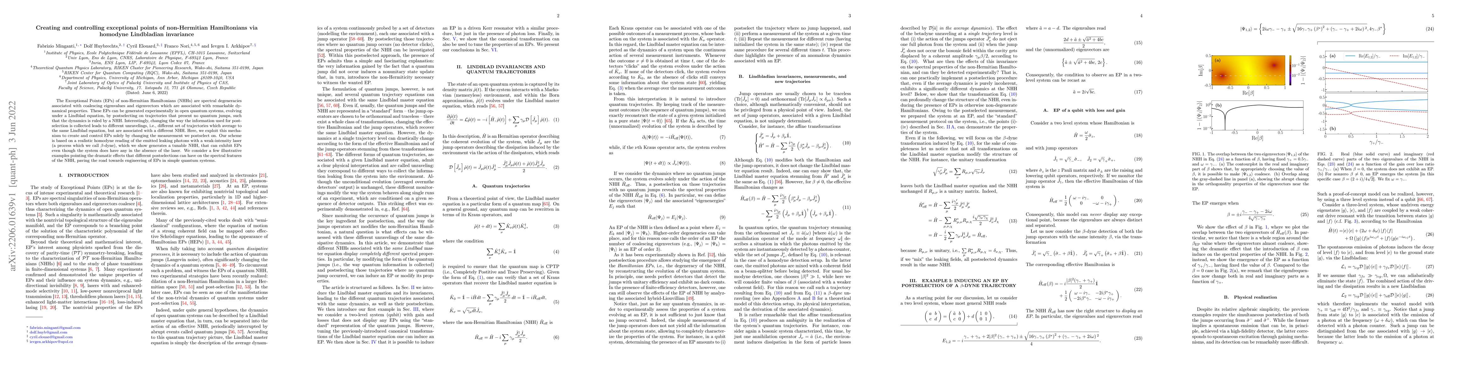 Thumbnail for Creating and controlling exceptional points of non-Hermitian
  Hamiltonians via homodyne Lindbladian invariance