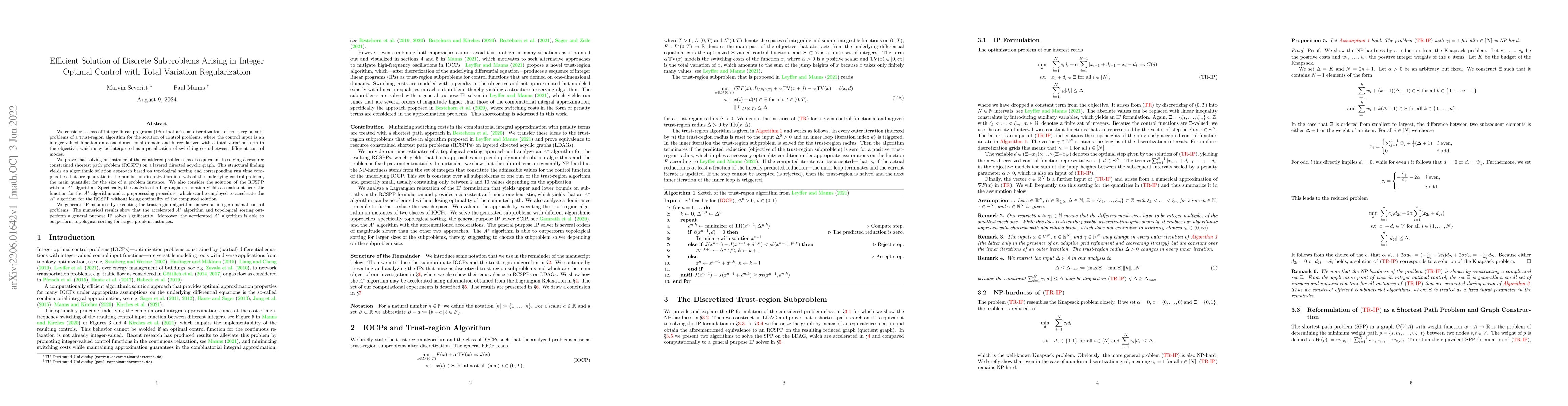 Thumbnail for Efficient Solution of Discrete Subproblems Arising in Integer Optimal
  Control with Total Variation Regularization