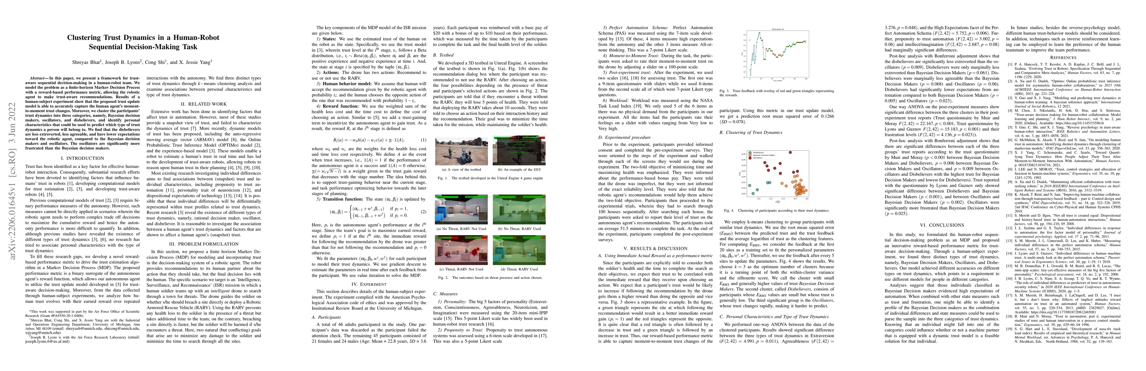 Thumbnail for Clustering Trust Dynamics in a Human-Robot Sequential Decision-Making
  Task