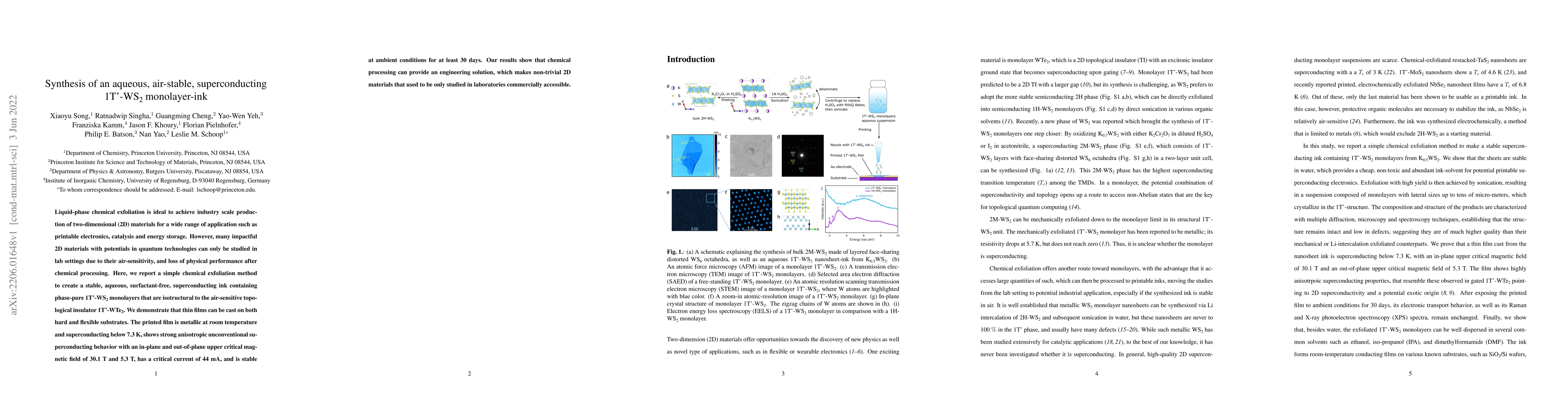 Thumbnail for Synthesis of an aqueous, air-stable, superconducting 1T'-WS$_2$
  monolayer-ink