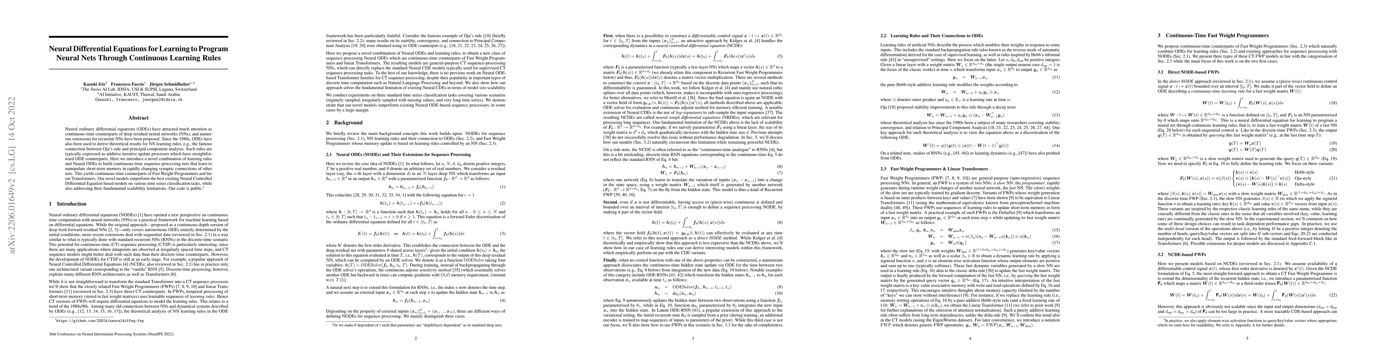 Thumbnail for Neural Differential Equations for Learning to Program Neural Nets
  Through Continuous Learning Rules