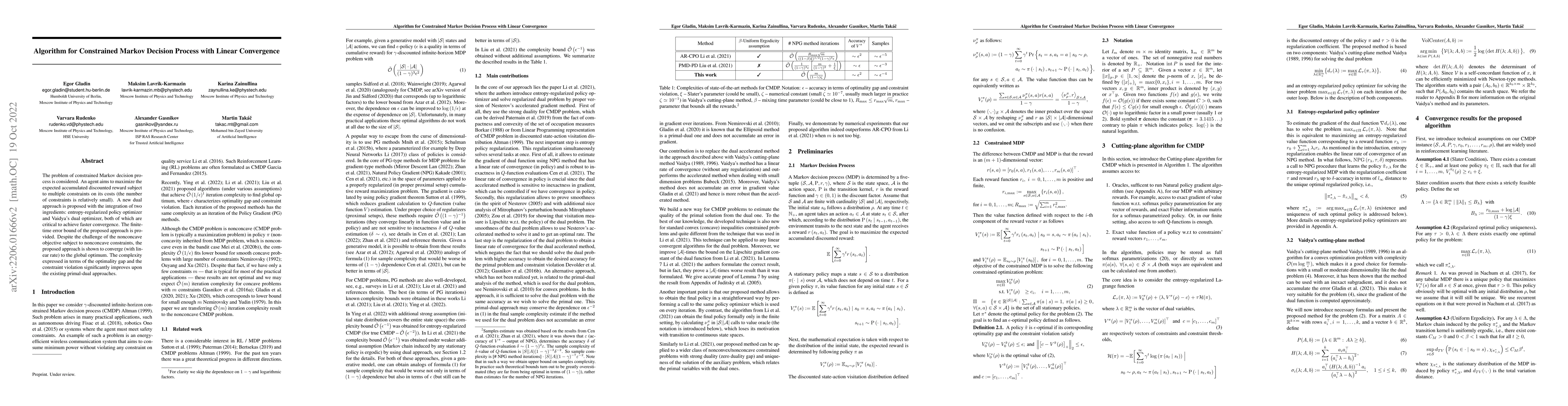 Thumbnail for Algorithm for Constrained Markov Decision Process with Linear
  Convergence