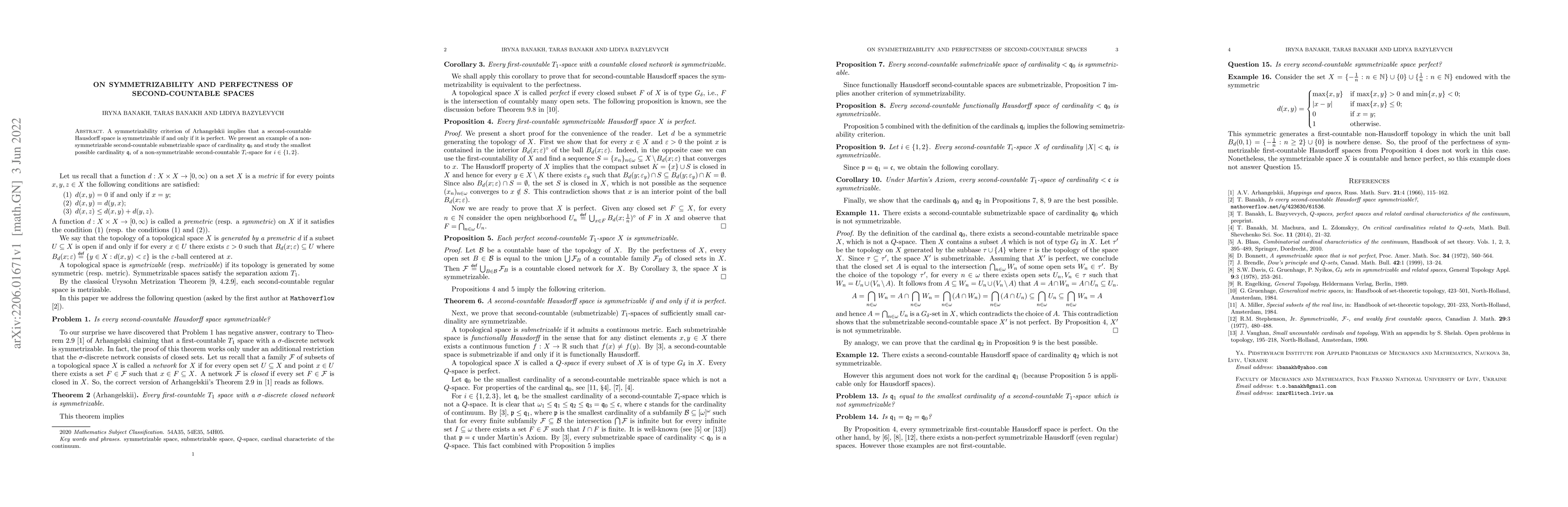 Thumbnail for On symmetrizability and perfectness of second-countable spaces