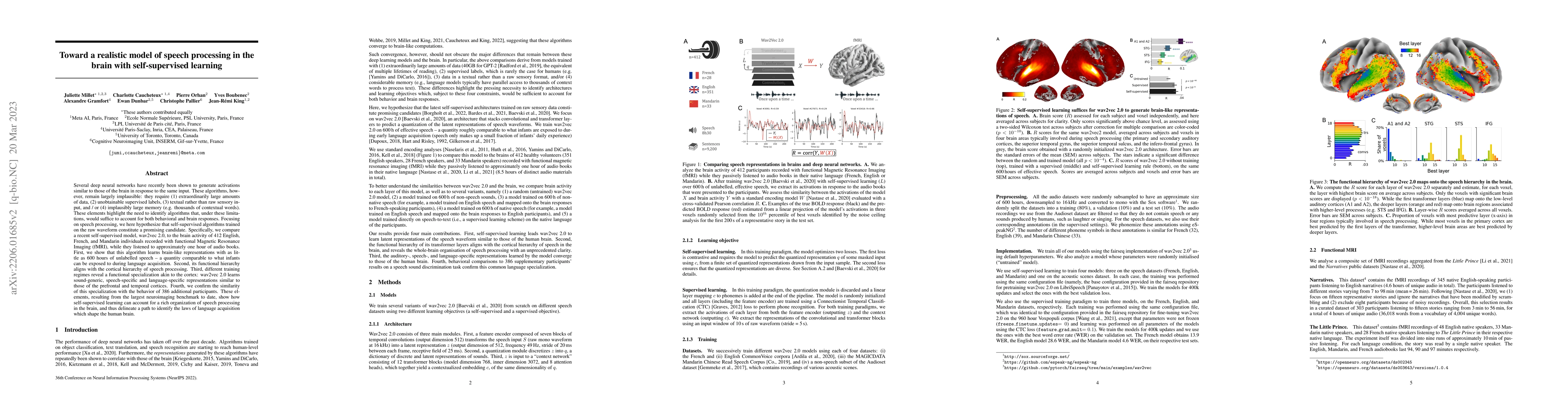 Thumbnail for Toward a realistic model of speech processing in the brain with
  self-supervised learning