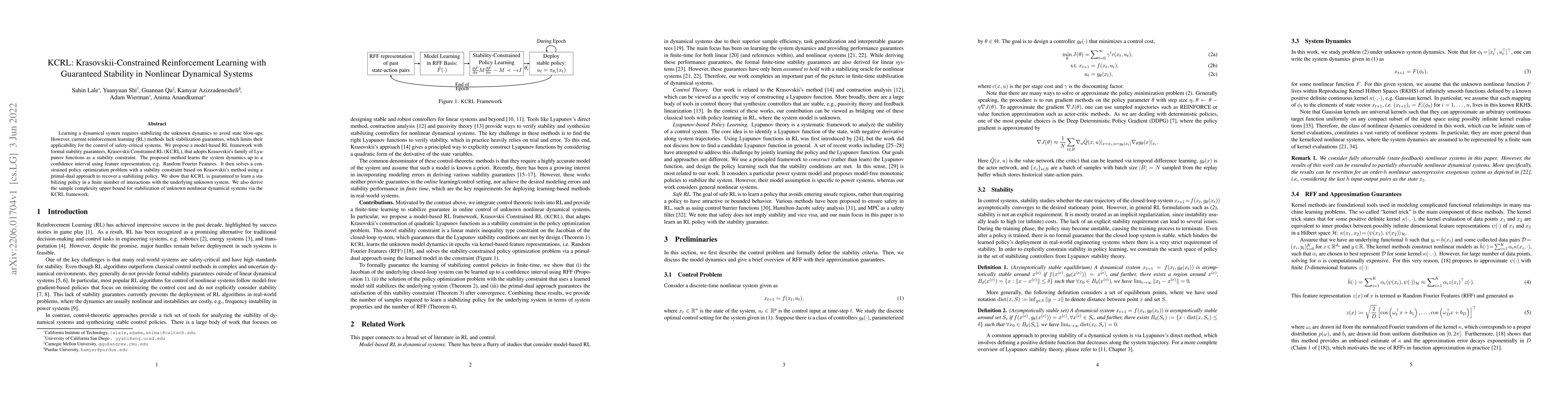 Thumbnail for KCRL: Krasovskii-Constrained Reinforcement Learning with Guaranteed
  Stability in Nonlinear Dynamical Systems