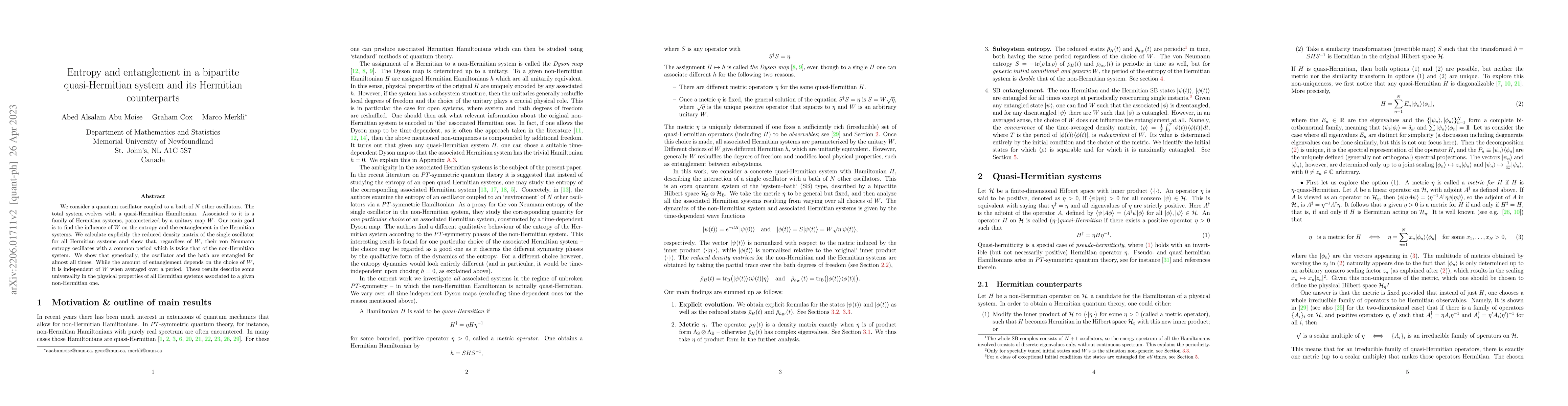 Thumbnail for Entropy and entanglement in a bipartite quasi-Hermitian system and its
  Hermitian counterparts