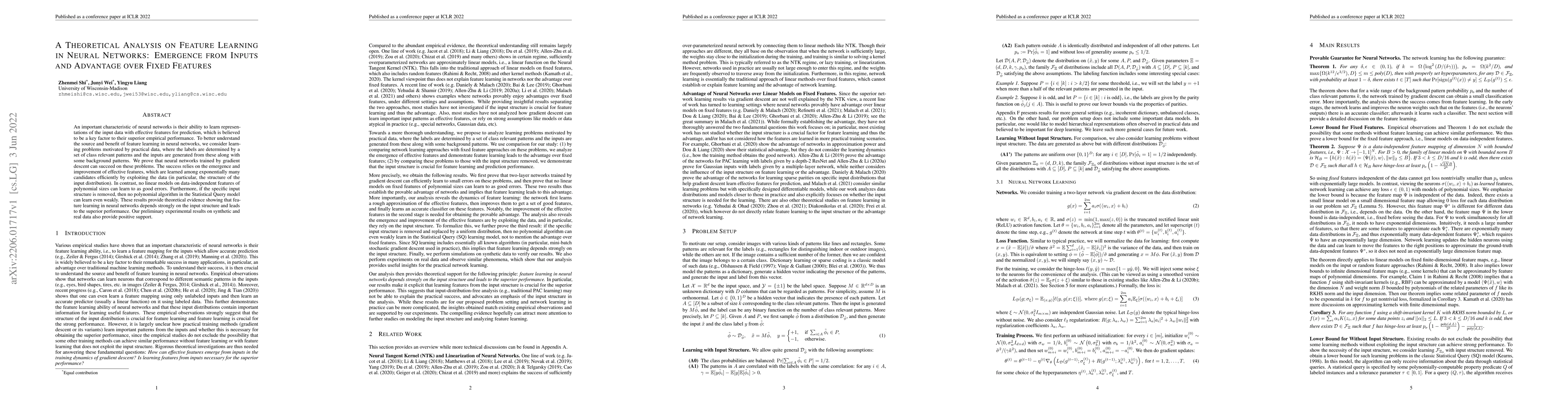 Thumbnail for A Theoretical Analysis on Feature Learning in Neural Networks: Emergence
  from Inputs and Advantage over Fixed Features