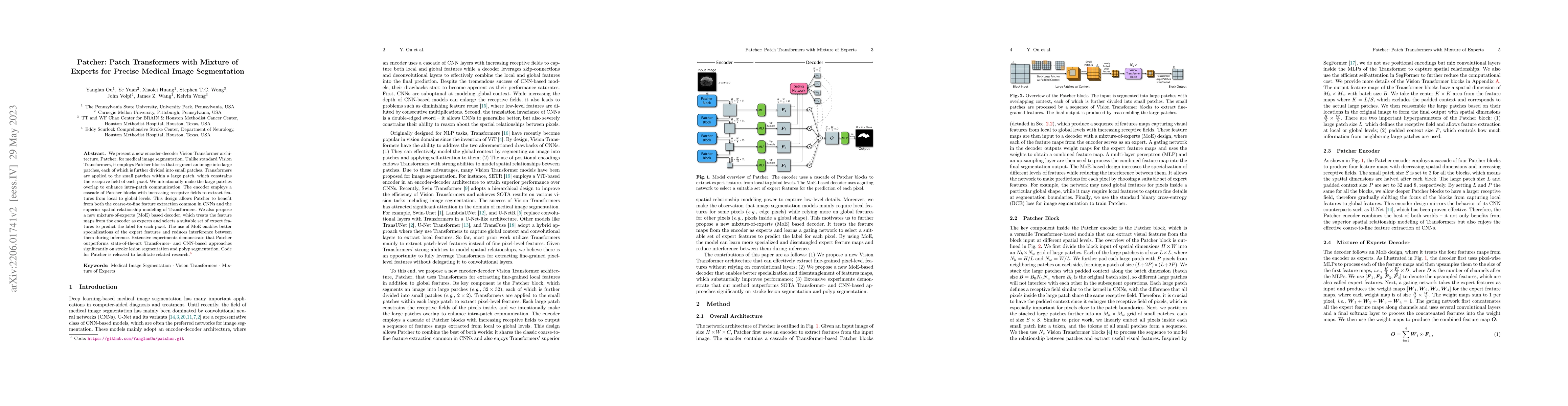 Thumbnail for Patcher: Patch Transformers with Mixture of Experts for Precise Medical
  Image Segmentation