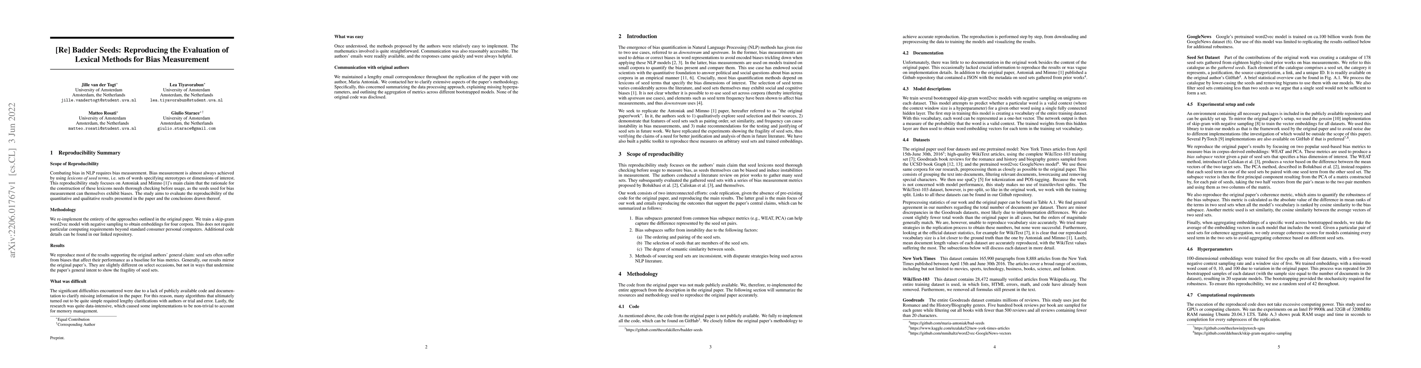 Thumbnail for [Re] Badder Seeds: Reproducing the Evaluation of Lexical Methods for
  Bias Measurement