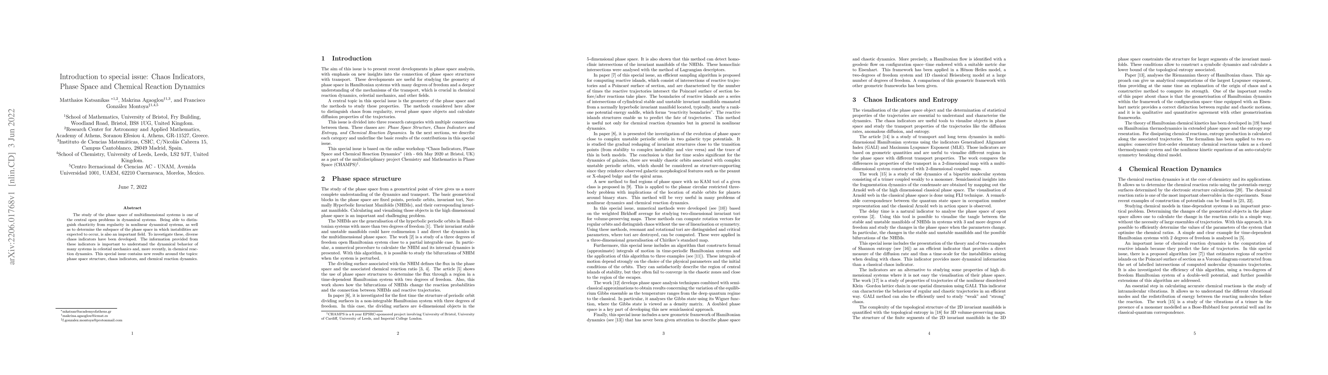 Thumbnail for Introduction to special issue: Chaos Indicators, Phase Space and
  Chemical Reaction Dynamics