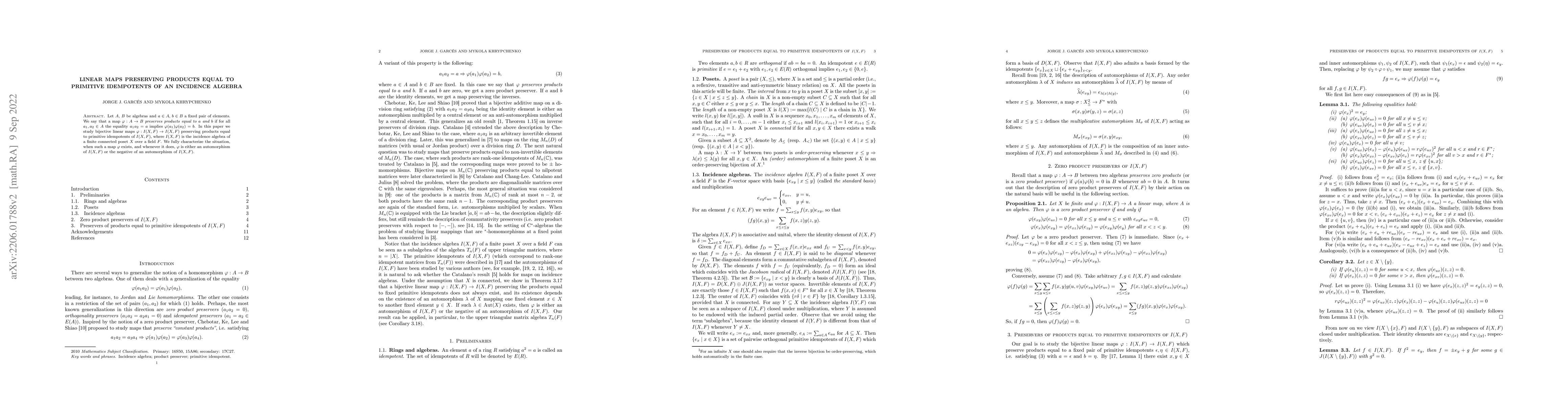 Thumbnail for Linear maps preserving products equal to primitive idempotents of an
  incidence algebra