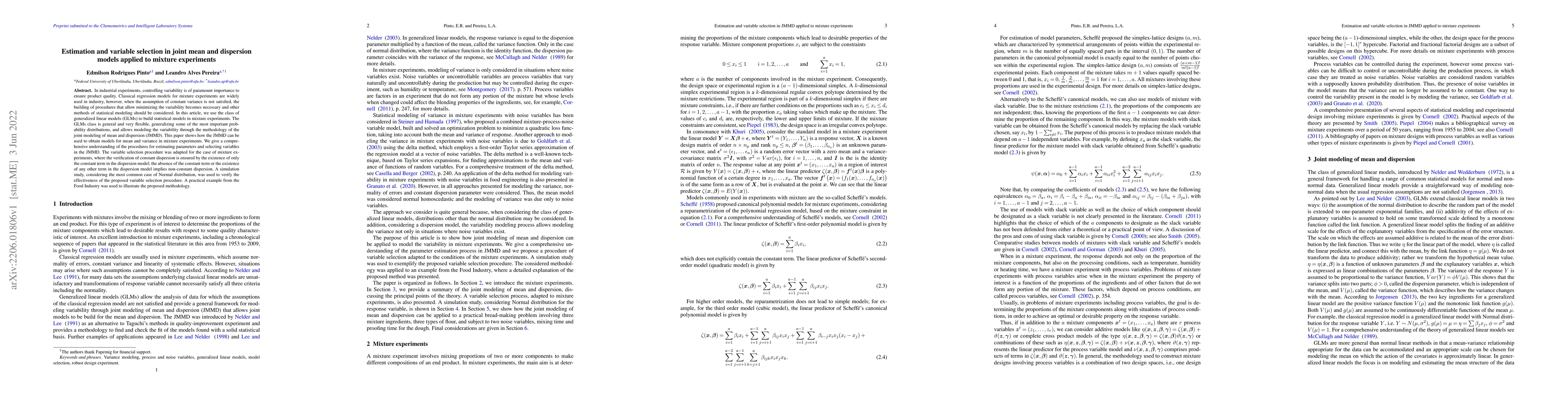 Thumbnail for Estimation and variable selection in joint mean and dispersion models
  applied to mixture experiments