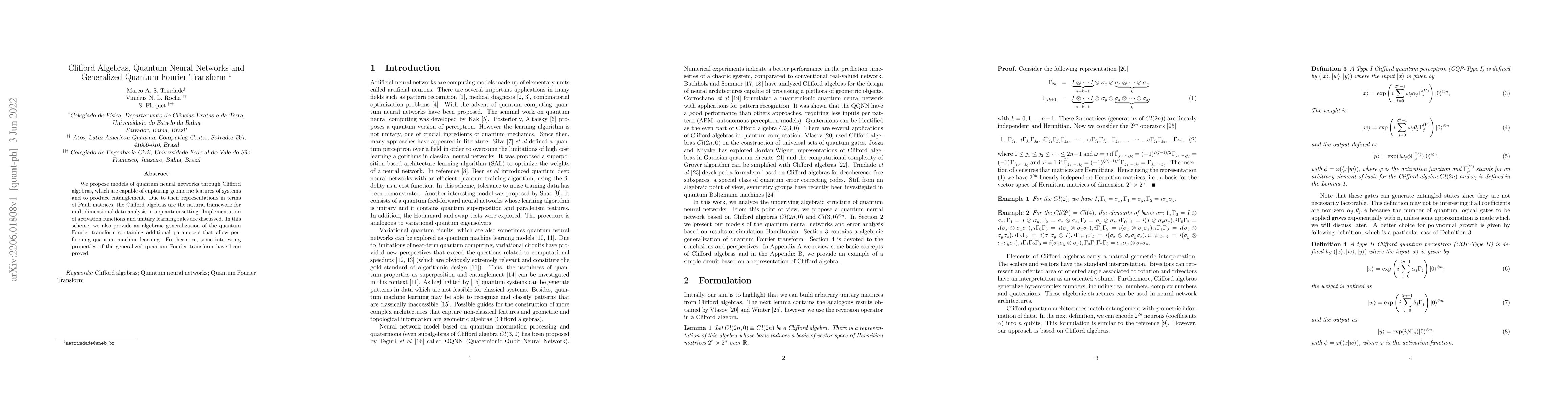 Thumbnail for Clifford Algebras, Quantum Neural Networks and Generalized Quantum
  Fourier Transform