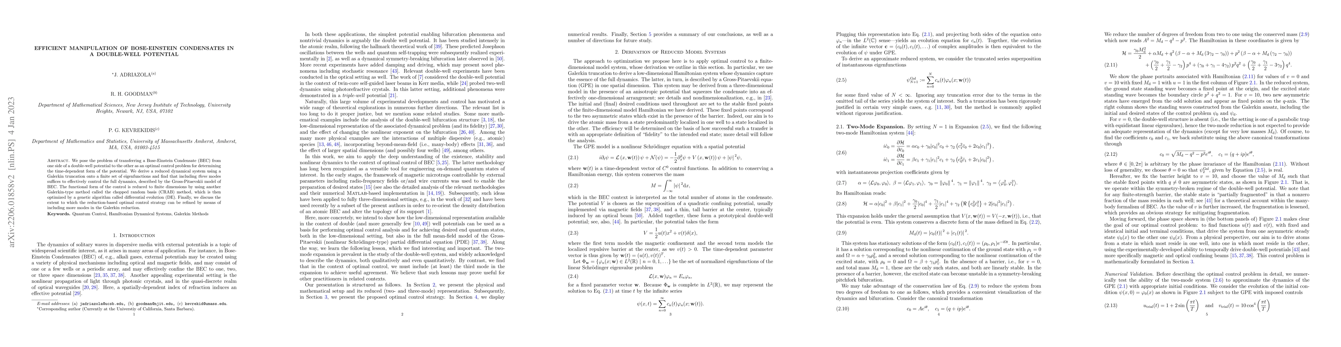 Thumbnail for Efficient Manipulation of Bose-Einstein Condensates in a Double-Well
  Potential