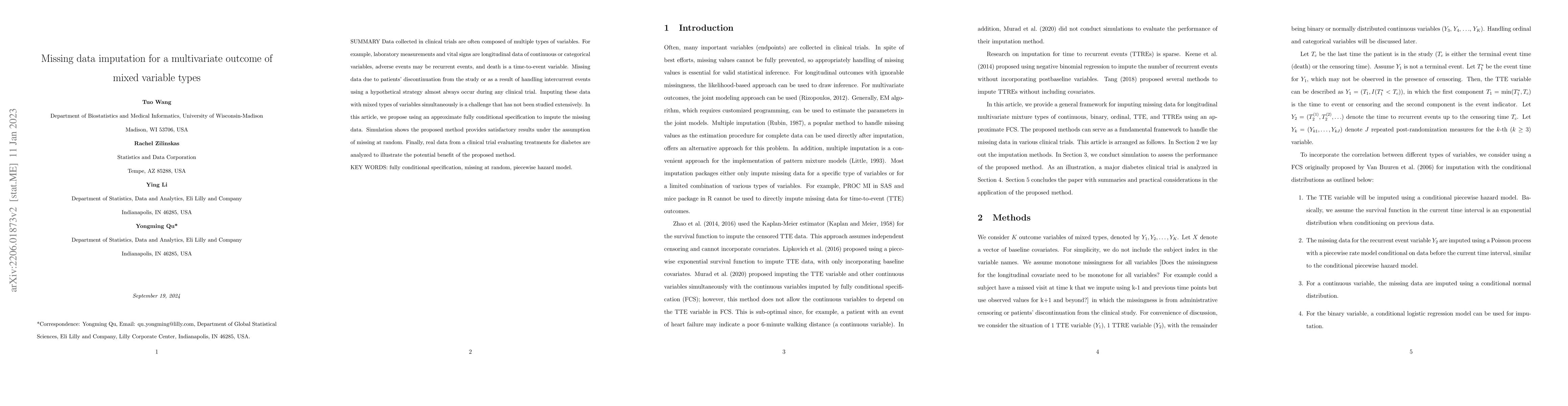 Thumbnail for Missing data imputation for a multivariate outcome of mixed variable
  types