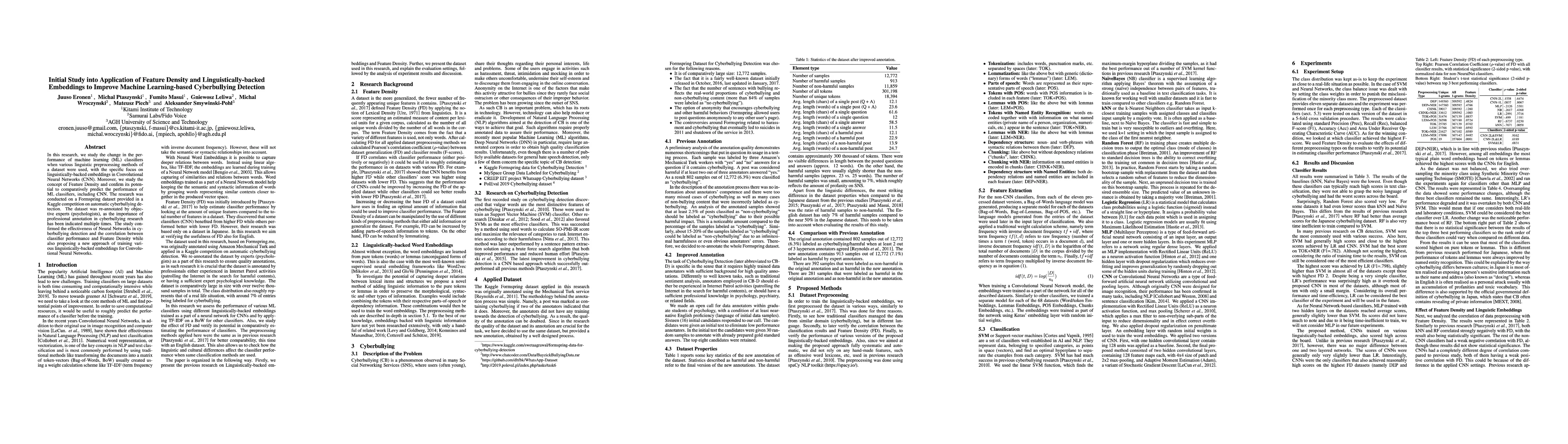 Thumbnail for Initial Study into Application of Feature Density and
  Linguistically-backed Embedding to Improve Machine Learning-based
  Cyberbullying Detection