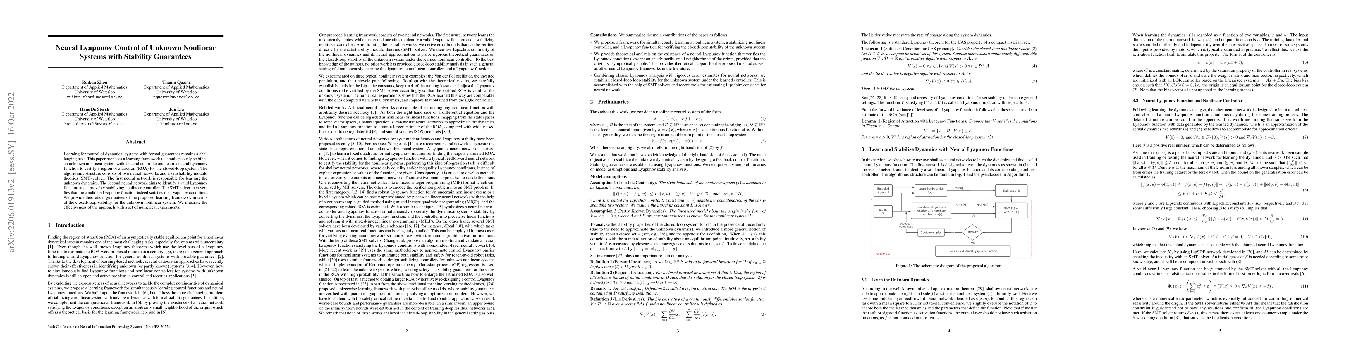 Thumbnail for Neural Lyapunov Control of Unknown Nonlinear Systems with Stability
  Guarantees