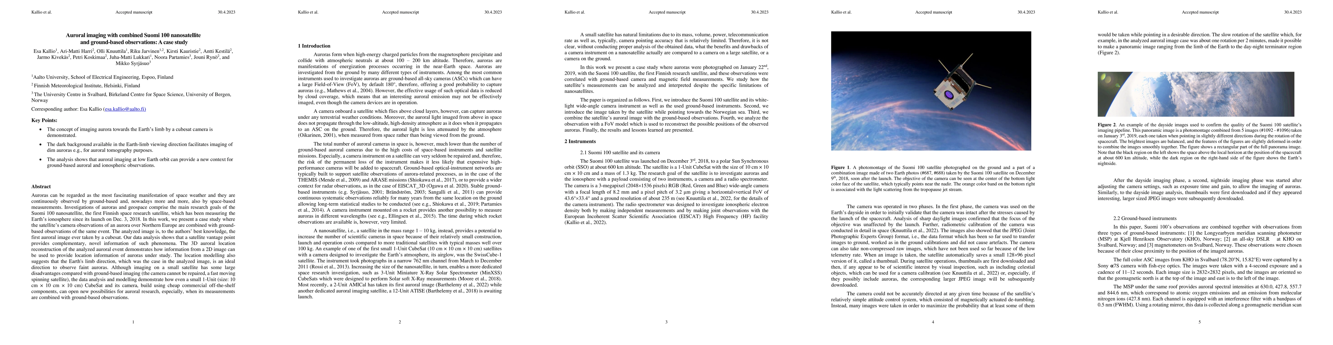 Thumbnail for Auroral imaging with combined Suomi 100 nanosatellite and ground-based
  observations: A case study