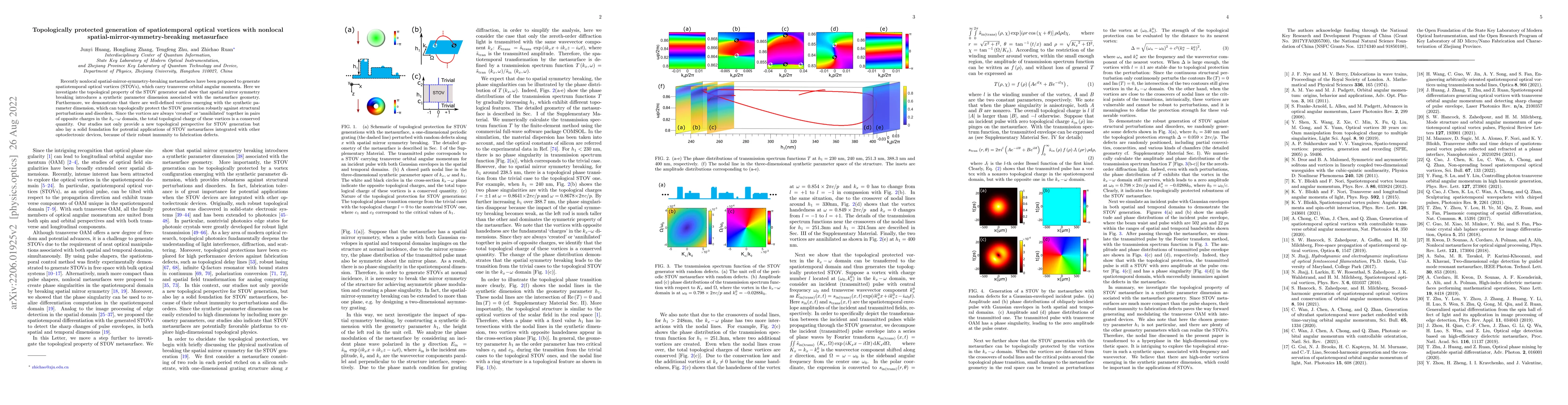 Thumbnail for Topologically protected generation of spatiotemporal optical vortices
  with nonlocal spatial-mirror-symmetry-breaking metasurface