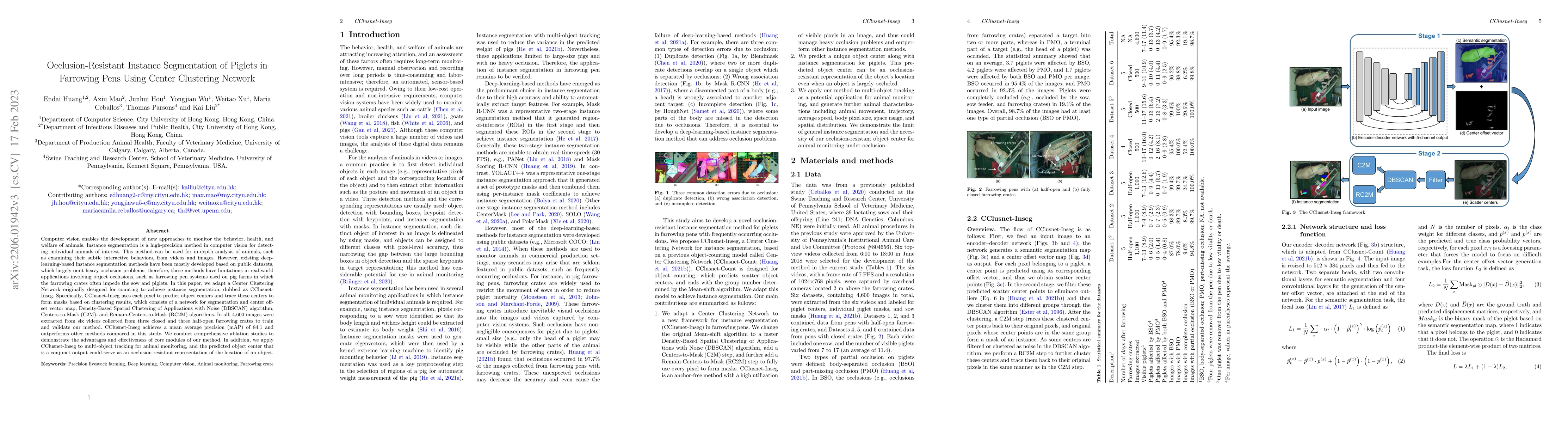 Thumbnail for Occlusion-Resistant Instance Segmentation of Piglets in Farrowing Pens
  Using Center Clustering Network