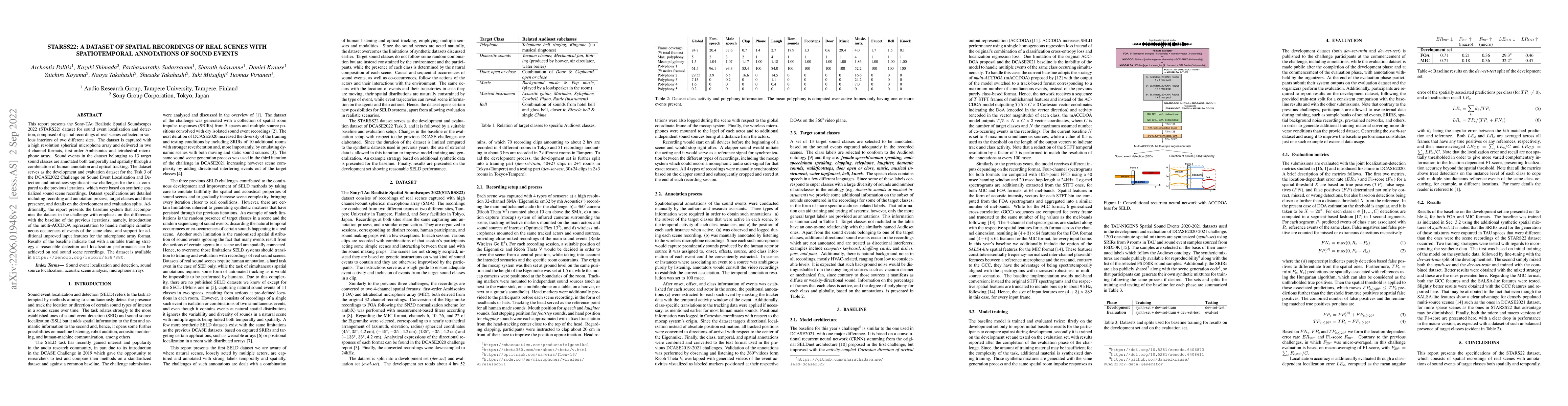 Thumbnail for STARSS22: A dataset of spatial recordings of real scenes with
  spatiotemporal annotations of sound events